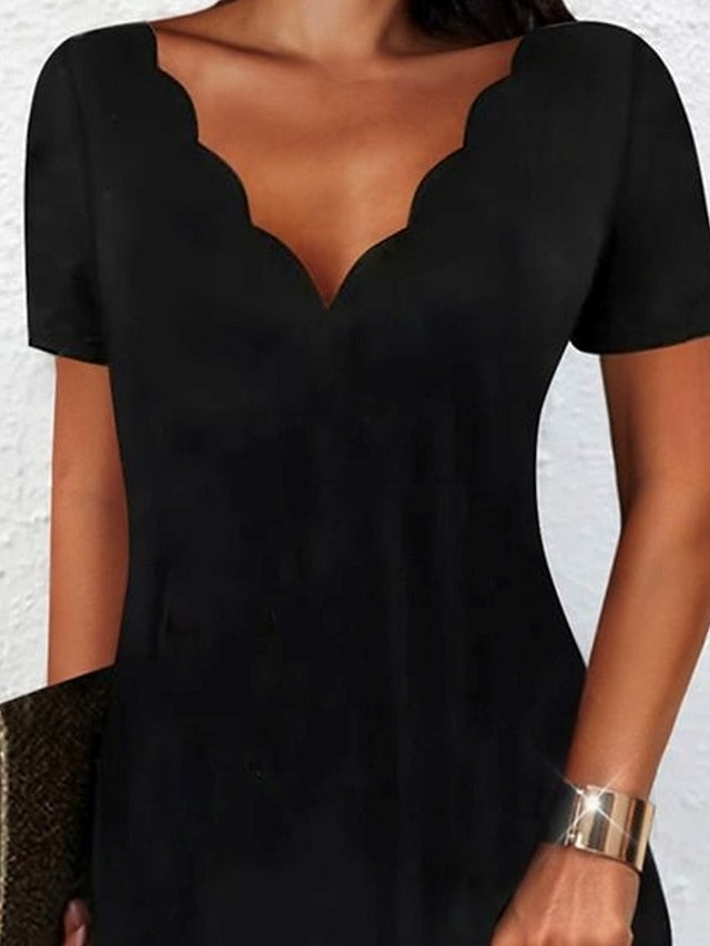 Women's Casual Dress Sheath Dress Mini Dress Black Short Sleeve Pure Color Ruffle Summer Spring Fall Scalloped Neck Stylish Vacation Summer Dress 2023 S M L XL XXL 3XL - LuckyFash™