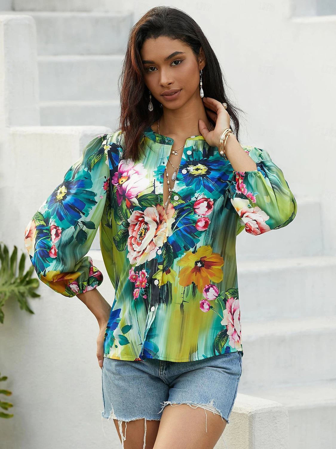 Women's Shirt Blouse Floral Casual Holiday Button Print Blue Long Sleeve Daily Basic V Neck Fall & Winter