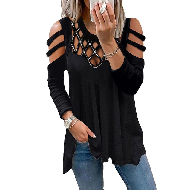 Women's Shirt Tunic Going Out Tops Blouse Cotton Plain Daily Weekend Cut Out Flowing tunic Rhinestone Cold Shoulder Black Long Sleeve Streetwear Casual Round Neck Spring Fall