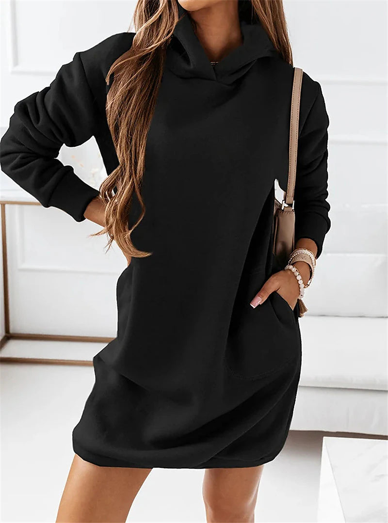 Women‘s Hoodie Dress Winter Dress Knee Length Dress Black khaki Brown Long Sleeve Fall Solid Color Patchwork Winter Casual Loose S M L XL XXL XXXL