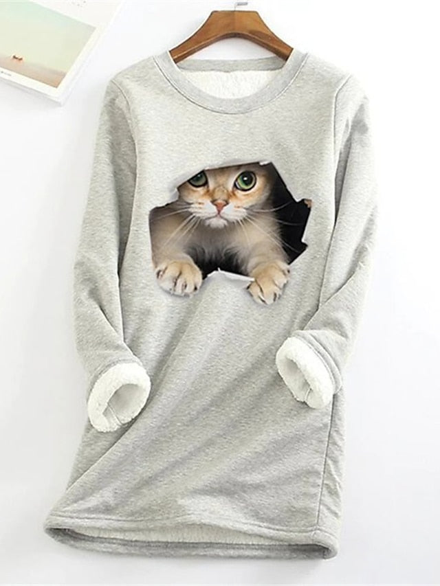 Women's Sweatshirt Pullover Sherpa Fleece Teddy Denim Blue Black White Cat Street Round Neck Plus Size Long Sleeve - LuckyFash™