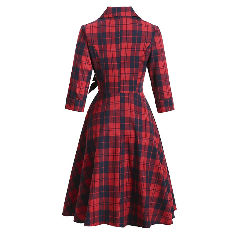 Women's Tartan Dress Swing Dress Plaid Dress Vintage Dress Green Red Long Sleeve Plaid Lace up Winter Fall Shirt Collar Mature Winter Dress Fall Dress 2022 S M L XL XXL