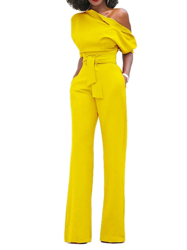 Jumpsuits for Women Summer Dressy Pocket High Waist Solid Color One Shoulder Elegant Party Street Regular Fit Half Sleeve Black Blue Yellow S M L Winter - LuckyFash™