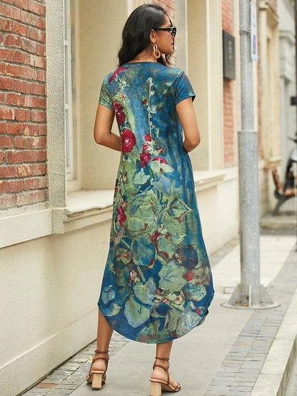 Women‘s Shift Dress Maxi long Dress Green Blue Gray Dark Blue Short Sleeve Floral Pocket Print Spring Summer Crew Neck Casual 2023 S M L XL XXL XXXL