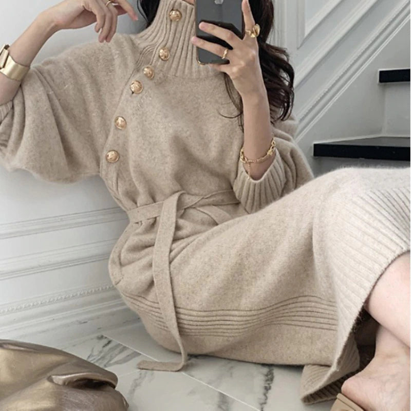 Women's Sweater Dress Jumper Dress Winter Dress Knee Length Dress Knitwear Stylish Mature Pure Color Outdoor Winter Dress Holiday Weekend Turtleneck Long Sleeve Tie Front Button Knit 2023 Loose Fit