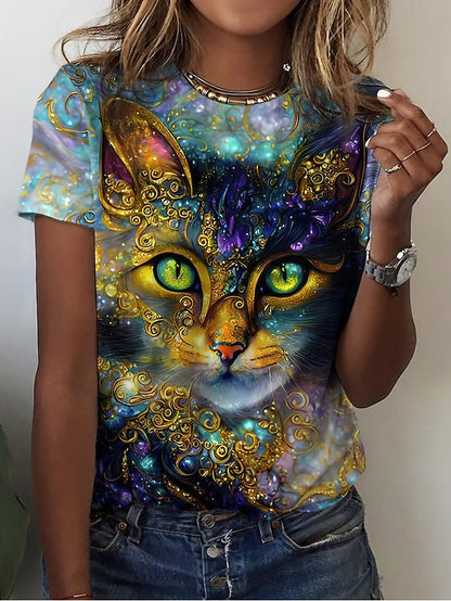 Women's T shirt Tee Cat 3D Daily Weekend Print Yellow Short Sleeve Basic Round Neck