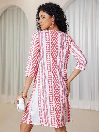 Women's V Neck Midi Dress Half Sleeve Geometric Print Bohemian