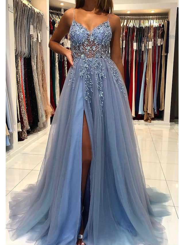 A-Line Prom Dresses Princess Dress Formal Court Train Sleeveless V Neck Tulle with Beading 2023 - LuckyFash™