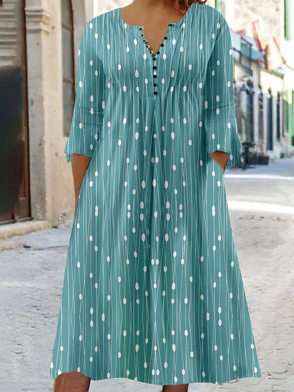 Women‘s Plus Size Curve Casual Dress A Line Dress Graphic Geometric Midi Dress 3/4 Length Sleeve Button Pocket V Neck Fashion Outdoor Blue Summer Spring L XL XXL 3XL 4XL