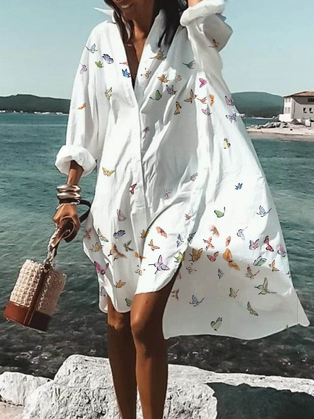 Women's Shirt Dress Casual Dress Swing Dress Mini Dress Outdoor Daily Vacation Polyester Fashion Casual Shirt Collar Button Print Long Sleeve Summer Spring Fall 2023 Loose Fit White Blue Green Floral