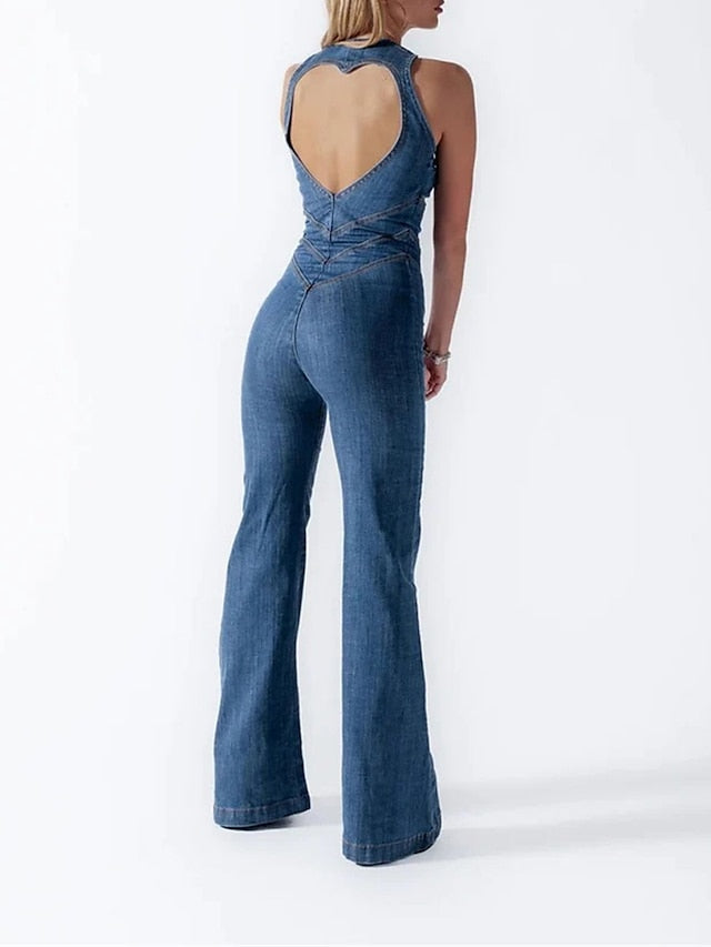 Denim Jumpsuit for Women Backless Zipper Solid Color V Neck Business Office Work Regular Fit Sleeveless Blue XS S M Summer - LuckyFash™