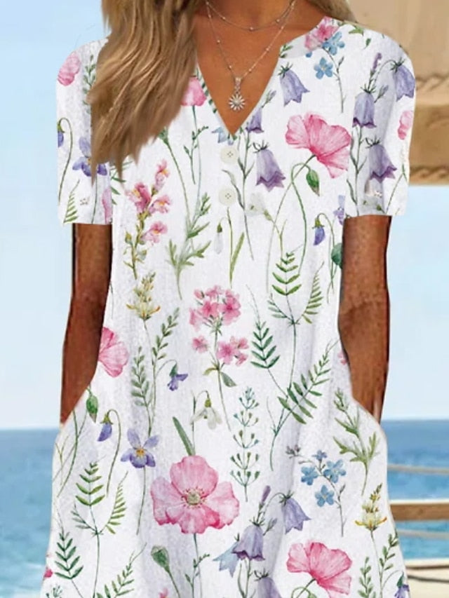 Women's Casual Dress T Shirt Dress Tee Dress Shift Dress Midi Dress White Yellow Pink Short Sleeve Floral Print Summer Spring V Neck Basic Vacation Summer Dress Spring Dress 2023 S M L XL XXL 3XL - LuckyFash™