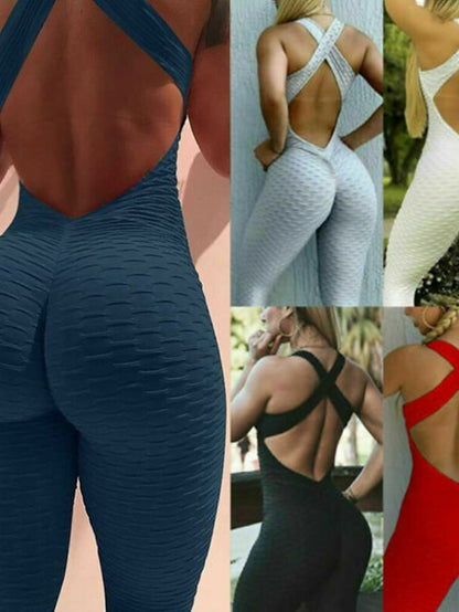Women's Onesie Workout Sets Scrunch Butt Open Back Bodysuit Romper Clothing Suit Black White Spandex Yoga Fitness Gym Workout Tummy Control Butt Lift Power Flex Sleeveless Sport Activewear High - LuckyFash™