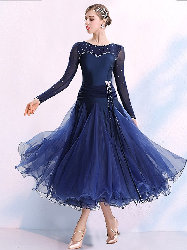 Ballroom Dance Dress Split Joint Crystals / Rhinestones Women's Training Performance Long Sleeve Spandex Organza Polyster - LuckyFash™