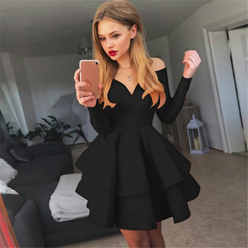 Women‘s Party Dress White Dress Black Red White Long Sleeve Pure Color Pleated Winter Fall Autumn Off Shoulder Party Winter Dress 2023 S M L XL XXL