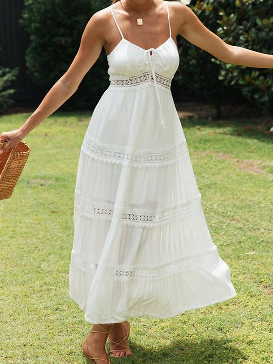 Women's White Lace Wedding Dress Boho Chic Dresses Boho Wedding Guest Dress Long Dress Maxi Dress Backless with Sleeve Date Vacation Beach A Line Strap Sleeveless White Color