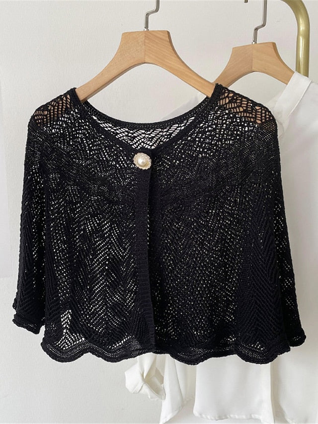 Women's Shrug Jumper Crochet Knit Cropped Button Hole Solid Color Crew Neck Shrugs Stylish Outdoor Daily Summer Spring Black White One-Size - LuckyFash™