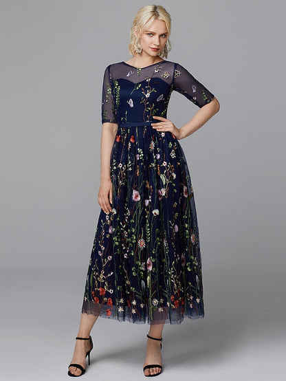 A-Line Floral Dress Holiday Tea Length Half Sleeve Illusion Neck Lace with Embroidery Appliques 2023 - LuckyFash™