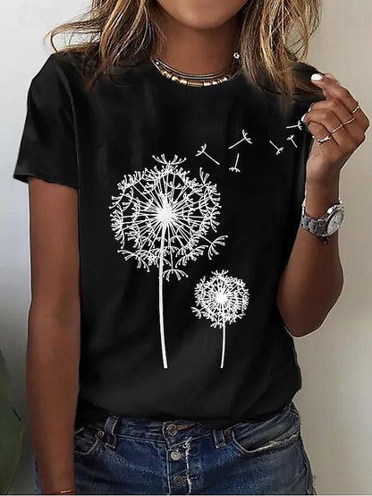 Women's T shirt Tee Dandelion Daily Weekend Print Black Short Sleeve Fashion Round Neck Summer