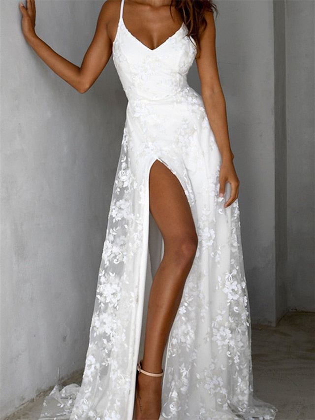 Beach Wedding Dresses A-Line Camisole V Neck Spaghetti Strap Court Train Lace Bridal Gowns With Appliques Split Front 2023 Summer Wedding Party, Women's Clothing - LuckyFash™