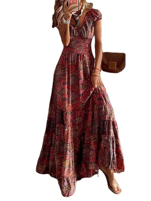 Women's Swing Dress Boho Dress Long Dress Maxi Dress Wine Short Sleeve Floral Print Spring Summer V Neck Weekend Loose Fit 2023 S M L XL XXL 3XL - LuckyFash™