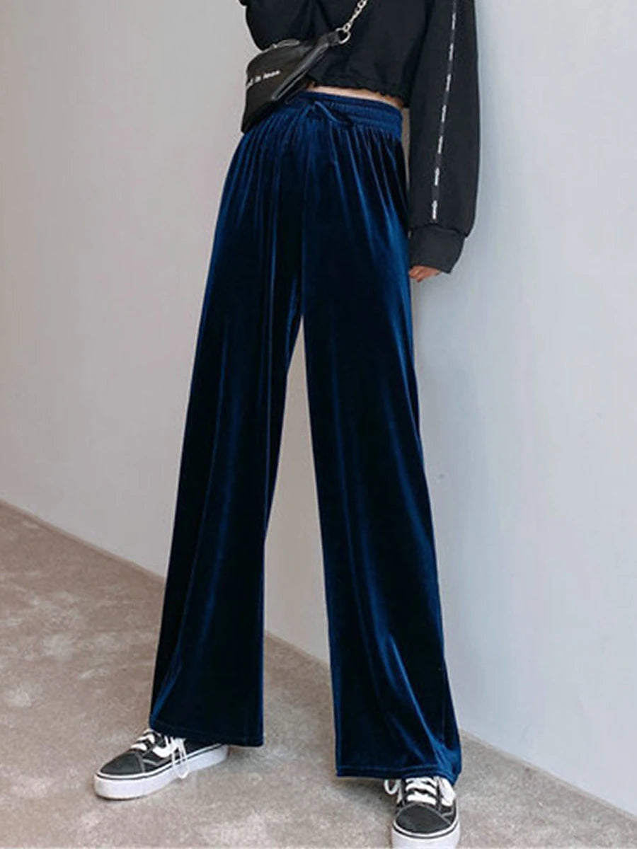 Women‘s Wide Leg Velvet Pants Trousers Baggy Full Length Pocket Micro-elastic High Waist Fashion Streetwear Party Peacock Blue Black S M Fall & Winter