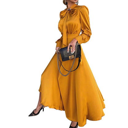 Women‘s Party Dress Wedding Guest Dress Satin Dress Swing Dress Long Dress Maxi Dress Black Yellow Red Long Sleeve Pure Color Lace up Fall Autumn Stand Collar Modern Winter Dress 2023 S M L XL XXL