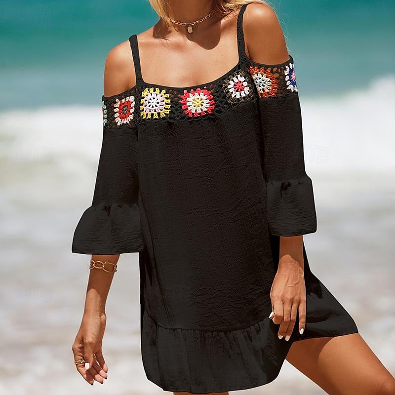 Women's Summer Dress Cover Up Ruffle Cut Out Beach Wear Holiday Long Sleeve Black White Yellow Color