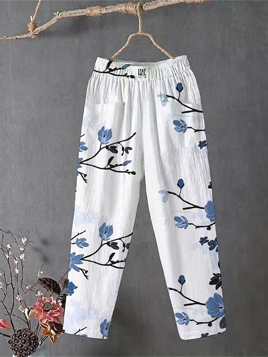 Women's Slacks Linen Flower Light Pink White / White Comfort Medium Waist Ankle-Length Outdoor Daily All Seasons