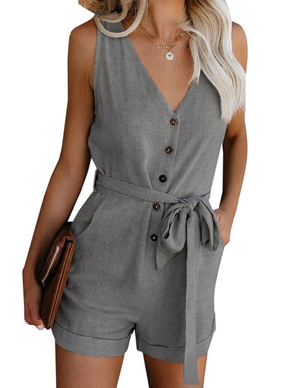 Women's Romper Lace up Button Front Solid Color V Neck Casual Daily Going out Regular Fit Sleeveless Light Blue ArmyGreen Blue S M L Spring - LuckyFash™