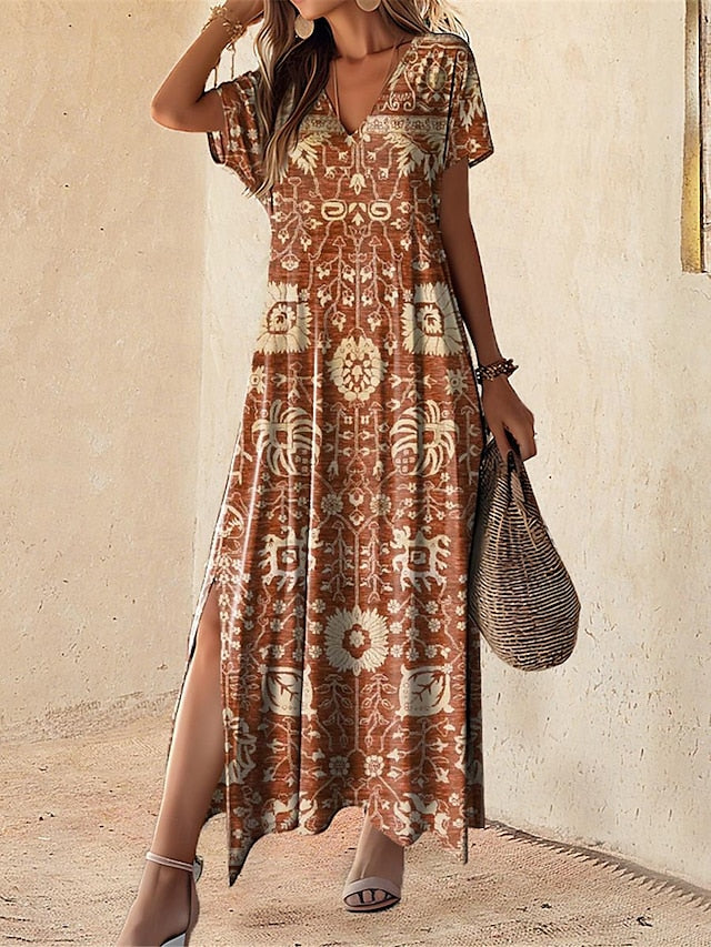 Women's Vintage Dress Casual Dress Split Print V Neck Long Dress Maxi Dress Vintage Ethnic Vacation Short Sleeve Summer