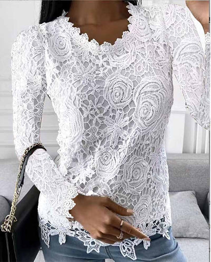 Women's Shirt Blouse White Eyelet Tops Black White Pink Plain Lace Long Sleeve Work Streetwear Casual Round Neck Regular Floral S