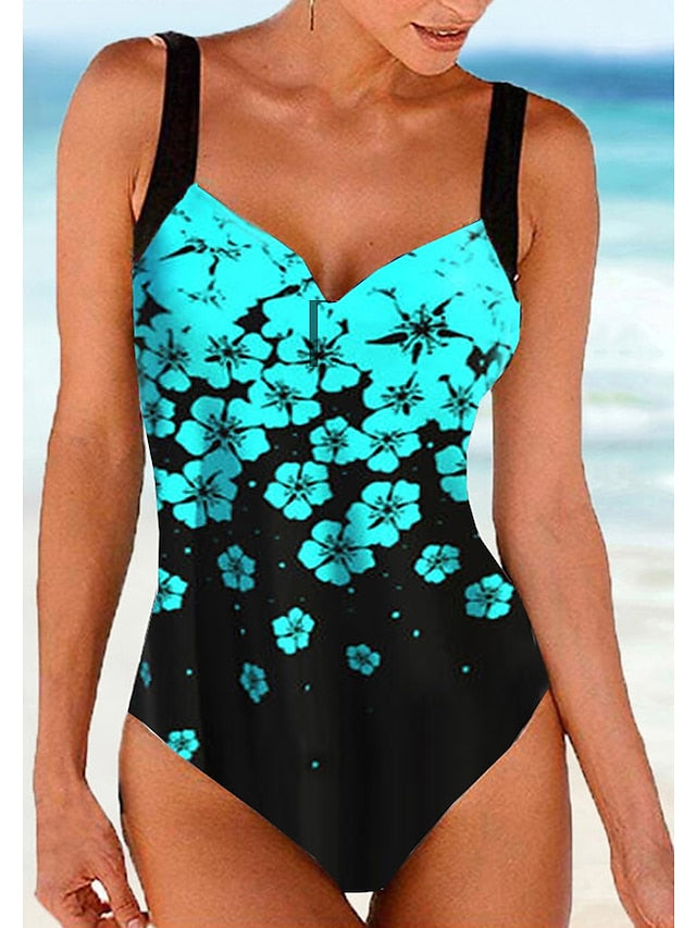 Women's Swimwear One Piece Monokini Bathing Suits Normal Swimsuit High Waisted Floral Print Green Blue Fuchsia Navy Blue Padded V Wire Bathing Suits Sports Vacation Sexy / Strap / New / Strap - LuckyFash™