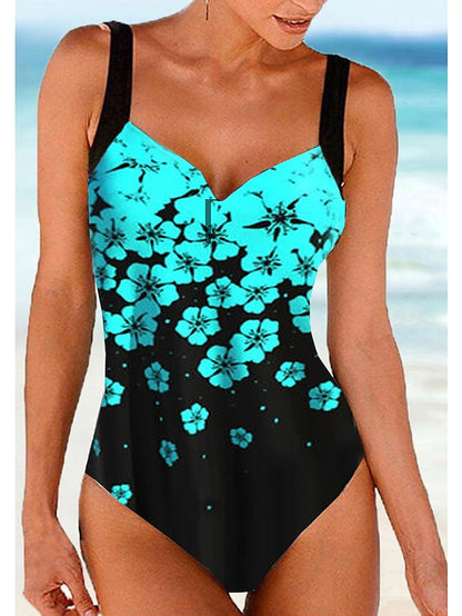 Women's Swimwear One Piece Monokini Bathing Suits Normal Swimsuit High Waisted Floral Print Green Blue Fuchsia Navy Blue Padded V Wire Bathing Suits Sports Vacation Sexy / Strap / New / Strap - LuckyFash™