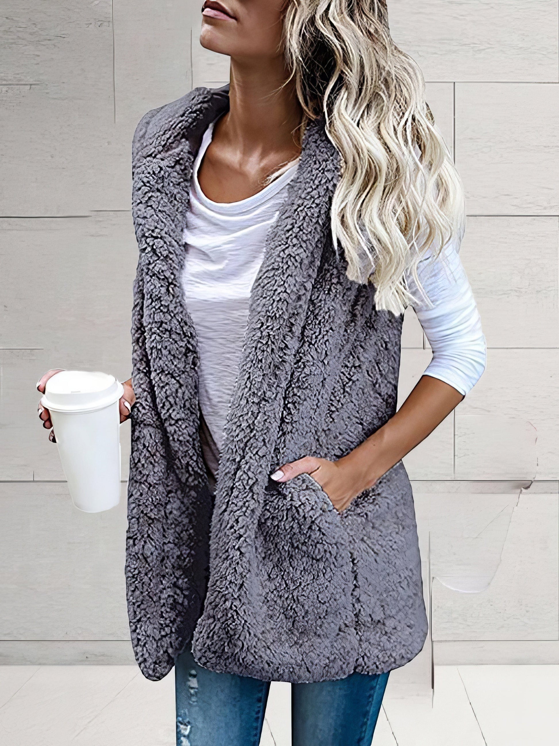 Hooded Sleeveless Pocket Fur Vest