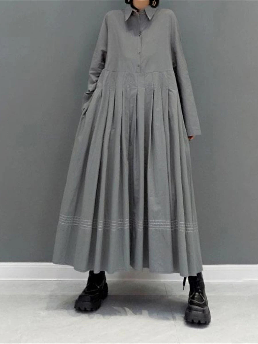 Women's Shirt Dress Casual Dress Swing Dress Maxi long Dress Outdoor Daily Vacation Polyester Fashion Classic Shirt Collar Pleated Button Long Sleeve Fall Winter 2023 Loose Fit Gray Pure Color M