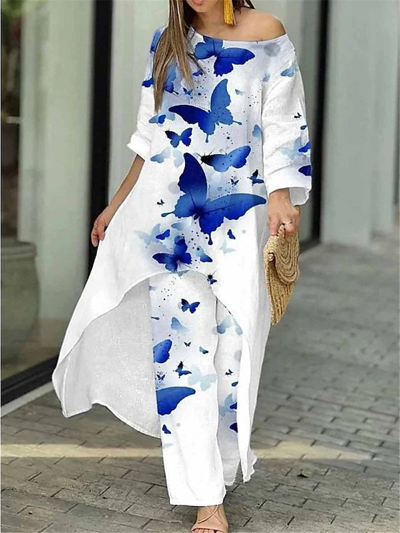 Women's Shirt Pants Sets Floral Butterfly Casual Holiday Print White Long Sleeve Elegant Fashion Streetwear Round Neck Fall & Winter