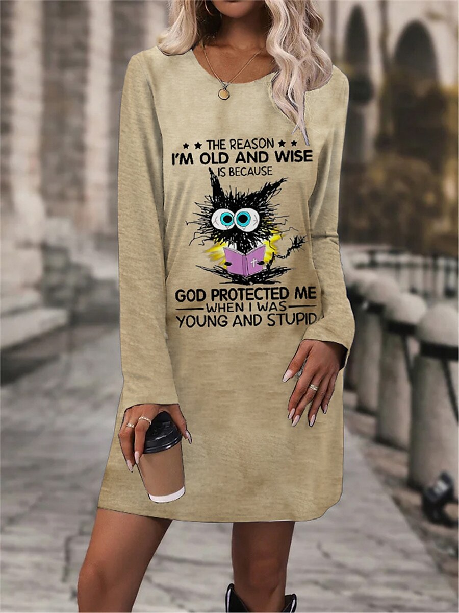 Women's Winter Dress T Shirt Dress Tee Dress Cat Letter Print V Neck Mini Dress Daily Vacation Long Sleeve Fall Winter