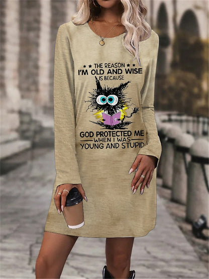 Women's Winter Dress T Shirt Dress Tee Dress Cat Letter Print V Neck Mini Dress Daily Vacation Long Sleeve Fall Winter