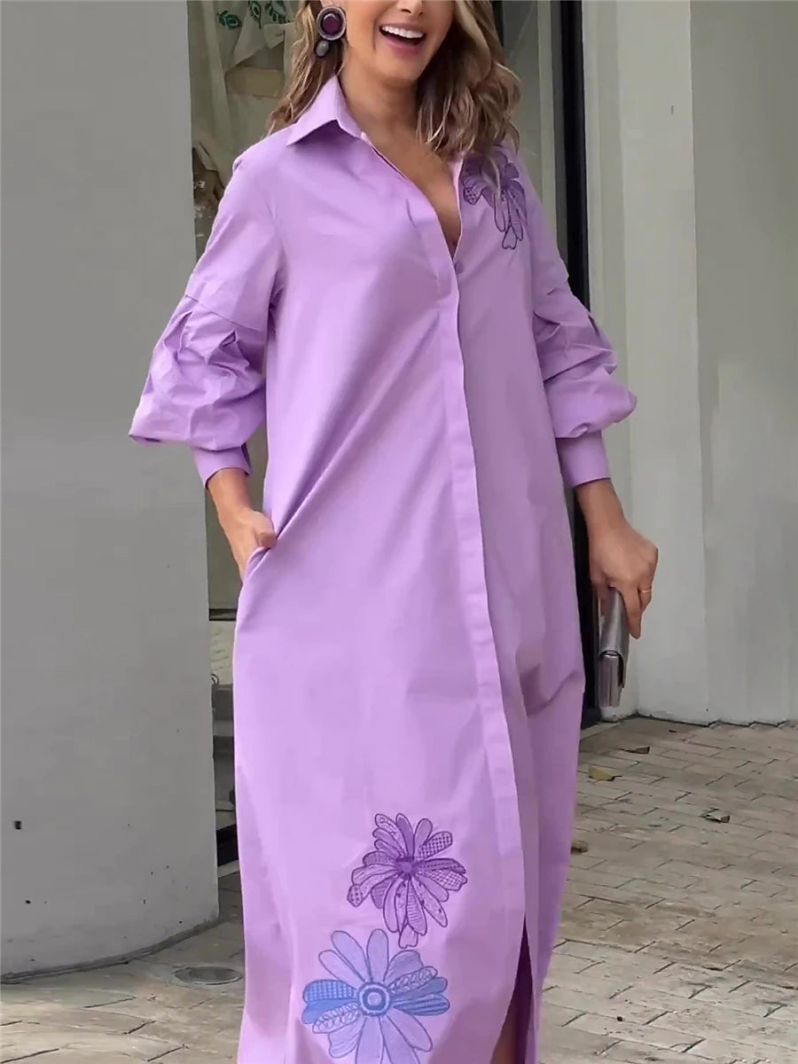 Women's Shirt Dress Casual Dress Shift Dress Maxi long Dress Outdoor Office Daily Cotton Fashion Modern Shirt Collar Button Pocket 3/4 Length Sleeve Summer Spring Fall 2023 Loose Fit Purple Floral S