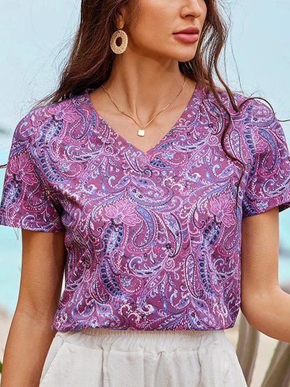 Women's T shirt Tee 100% Cotton Paisley Party Casual Daily Print Purple Short Sleeve Ethnic Boho Print Round Neck All Seasons