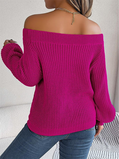 Women's Pullover Sweater Jumper Off Shoulder Ribbed Knit Acrylic Off Shoulder Fall Winter Regular Outdoor Daily Going out Stylish Casual Soft Long Sleeve Solid Color Blue Fuchsia Orange S M L