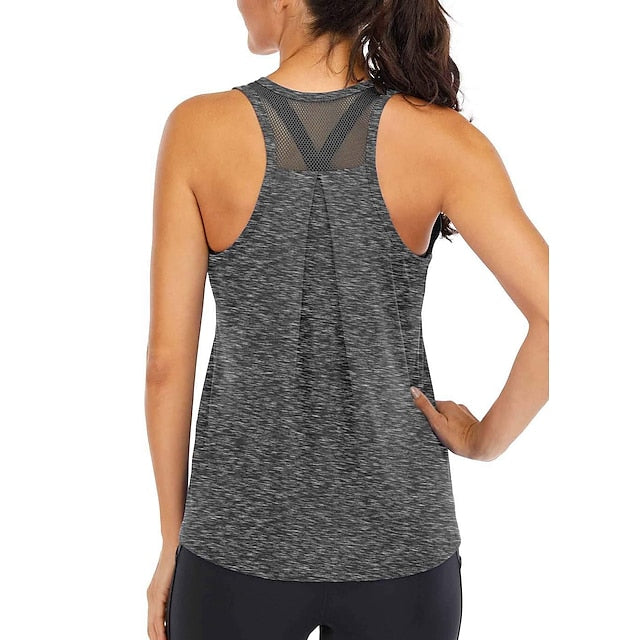 Women's Yoga Top Patchwork Racerback Light Blue Black Mesh Fitness Gym Workout Running Tank Top T Shirt Sport Activewear 4 Way Stretch Breathable Moisture Wicking High Elasticity Loose Fit - LuckyFash™