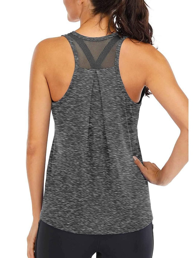 Women's Yoga Top Patchwork Racerback Light Blue Black Mesh Fitness Gym Workout Running Tank Top T Shirt Sport Activewear 4 Way Stretch Breathable Moisture Wicking High Elasticity Loose Fit - LuckyFash™