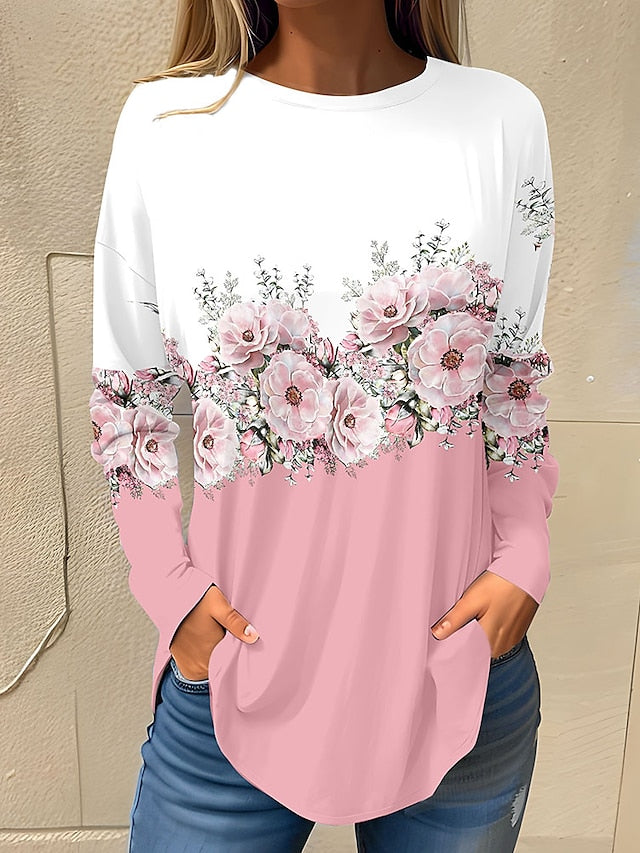 Women's T shirt Tee Floral Holiday Weekend Print White Long Sleeve Basic Round Neck Fall & Winter