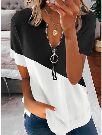 Womenâ€˜s Summer Contrast Printing V-neck Zipper Short-sleeved Shirt T-shirt Top - LuckyFash™