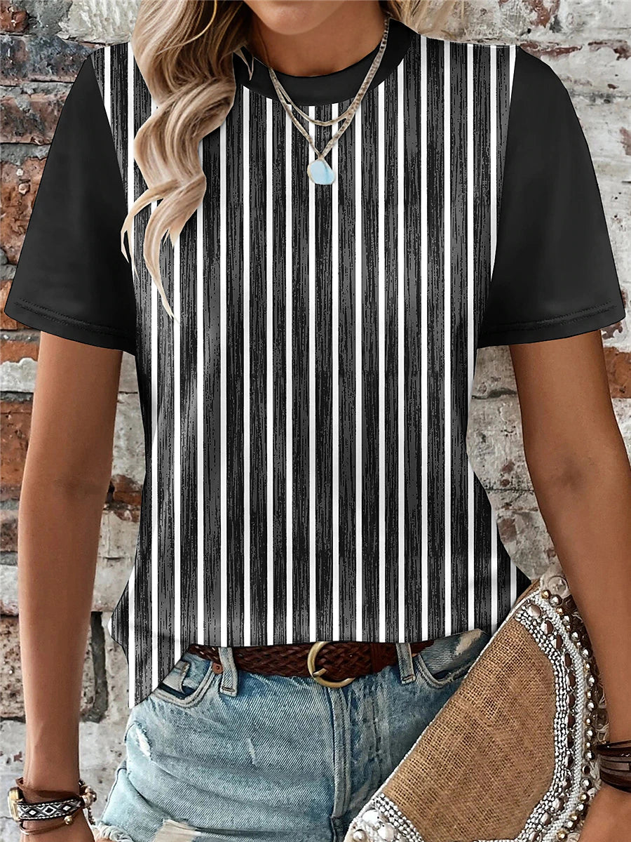 Women's T shirt Tee Striped Daily Going out Print Black Short Sleeve Fashion Round Neck Summer