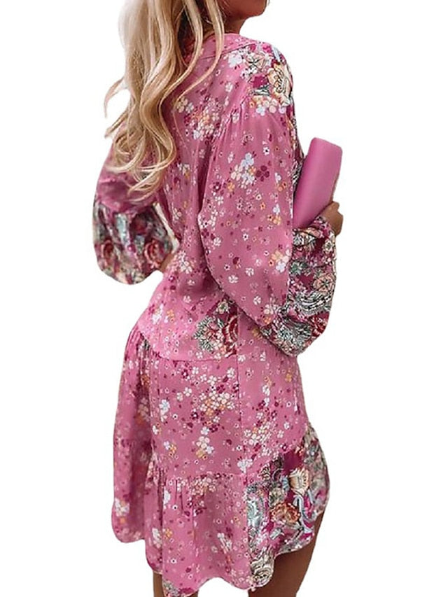 Women's Shift Dress BohoÂ Dress Knee Length Dress Pink Long Sleeve Floral Ruffle Smocked Print Summer Spring V Neck Boho Casual Flare Cuff Sleeve 2023 4XL - LuckyFash™