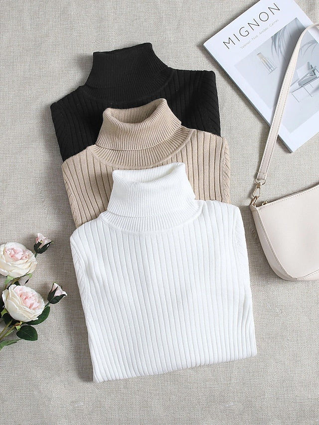 3 pieces Women's Pullover Sweater Jumper Ribbed Knit Knitted Thin Solid Color Turtleneck Basic Casual Daily Winter Fall Black White Gray Brown - LuckyFash™