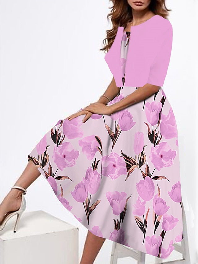 Women's Two Piece Dress Set Casual Dress Tank Dress Outdoor Daily Fashion Streetwear Print Midi Dress Strap Half Sleeve Floral Loose Fit Pink Dark Pink Peach Summer Spring S M L XL XXL - LuckyFash™